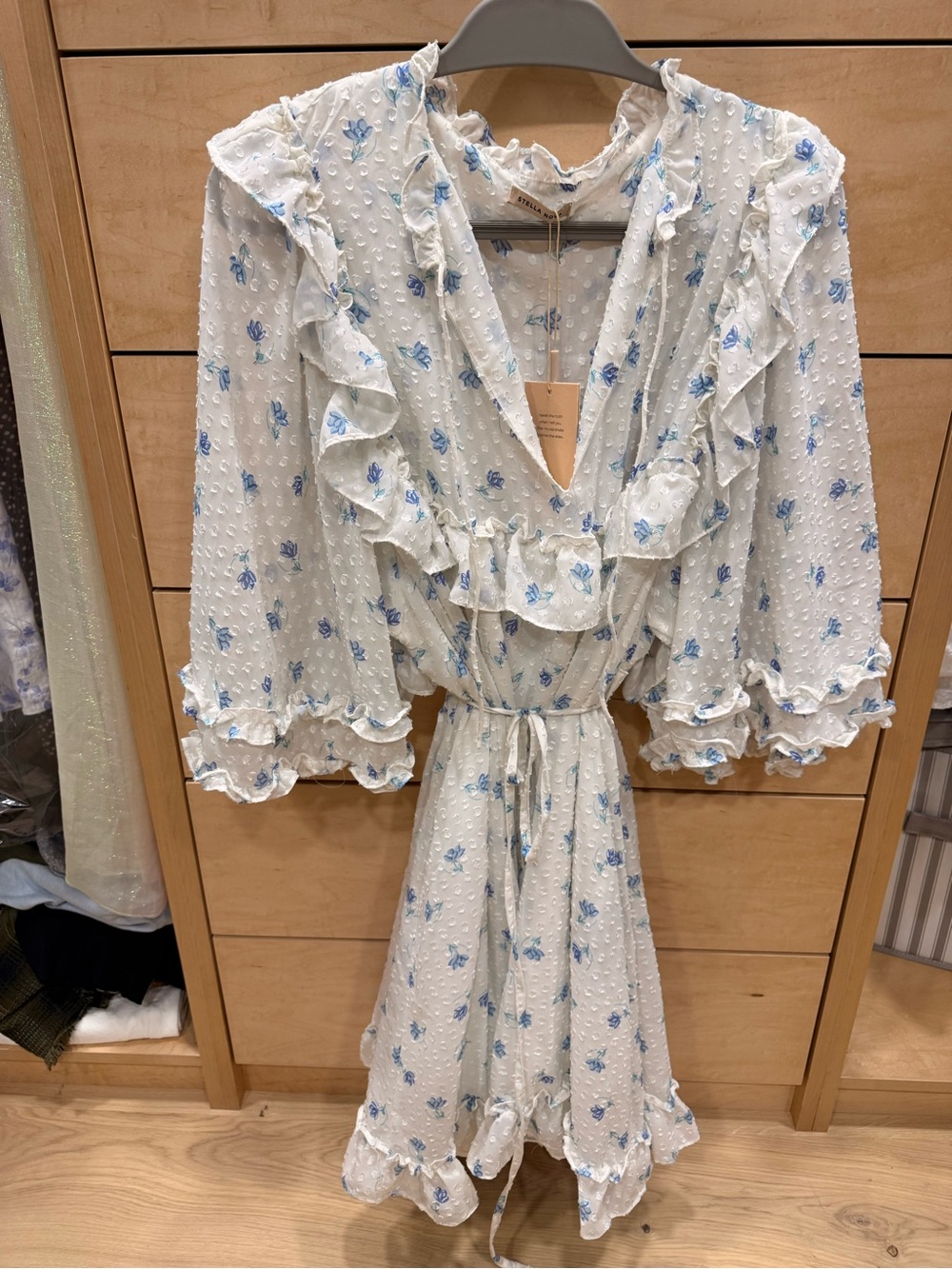 Stella Nova Ruffled White Mini Dress with Blue Floral Print